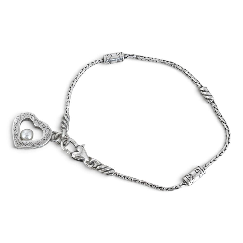 Brighton Sorority Scroll Heart Faux Pearl Dangle Bracelet Silver Fits 7.5"
